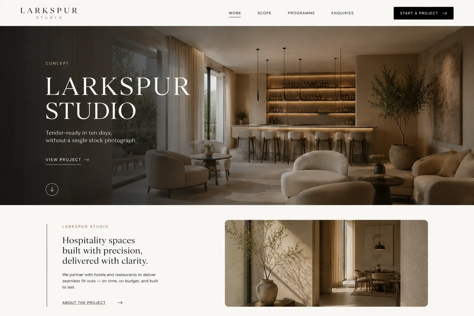Larkspur Studio hospitality fit-out company website — bilingual tender-ready portfolio, Lisbon, built by Oppus Studio